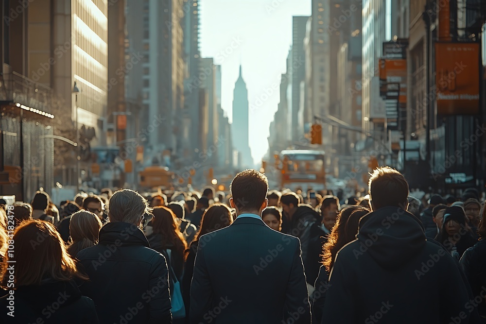 Obraz premium Golden Hour Walkers Among City Skyscrapers
