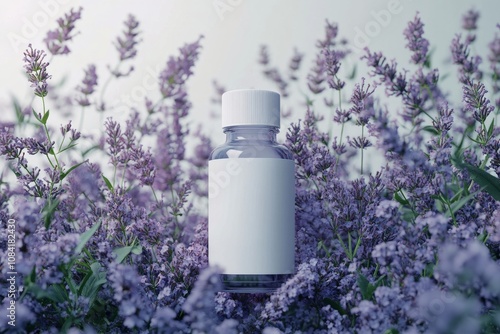 A glass dropper bottle surrounded by fresh lavender flowers outdoors in natur...
