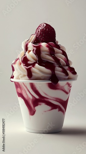 Delicious strawberry ice cream sundae with whipped cream and raspberry sauce ...