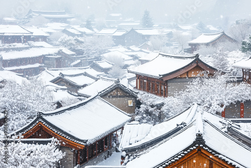 Wallpaper Mural little wooden hut and village in the snow in winter Torontodigital.ca