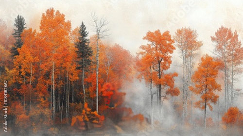 Autumn landscape featuring vibrant orange trees amidst fog in a mountain fore...