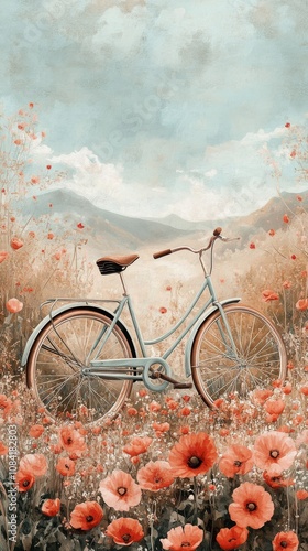 Bicycle standing in a colorful poppy field during a serene afternoon with blu...
