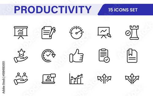 Productivity Icon Set. Modern and inspiring icons designed to enhance efficiency and organization, perfect for productivity apps, task management tools, and workflow solutions.