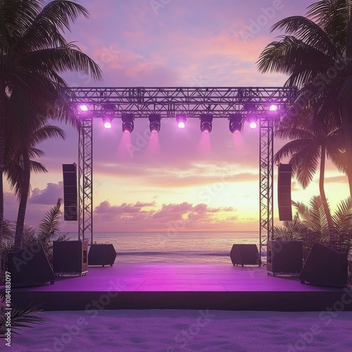 A vibrant sunset illuminates a concert stage on a tropical beach surrounded b...