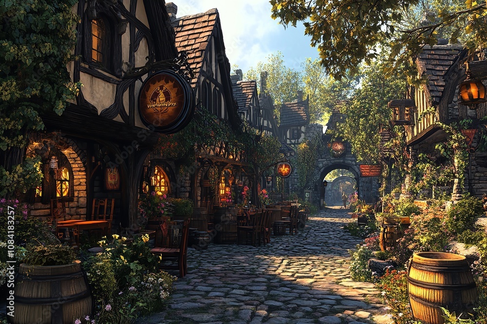 Fototapeta premium The exterior city fantasy setting of a medieval tavern. Generative Ai