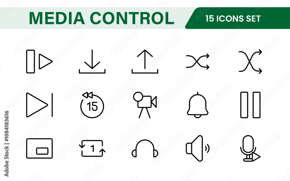 Fototapeta premium Media Control Icon Set. Sleek and intuitive audio and video playback icons are perfect for enhancing user interfaces in media apps, streaming services, and entertainment platforms.