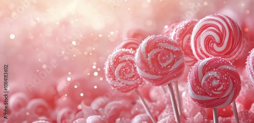 Colorful swirled lollipops on a pink background with sparkling bokeh effects ...