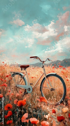 Bicycle standing in a colorful poppy field during a serene afternoon with blu...