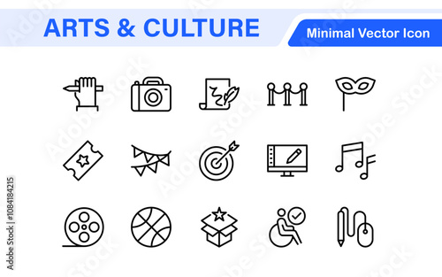 Arts and Culture Icon Set. High-quality icons for Museums, Music, Dance, Theater, Festivals, artistic Expression, Traditions, History, Crafts, and Creative Activities