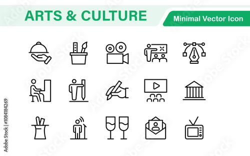 Arts and Culture Icon Set. High-quality icons for Museums, Music, Dance, Theater, Festivals, artistic Expression, Traditions, History, Crafts, and Creative Activities