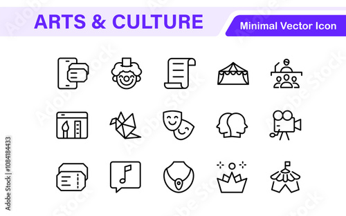 Arts and Culture Icon Set. High-quality icons for Museums, Music, Dance, Theater, Festivals, artistic Expression, Traditions, History, Crafts, and Creative Activities
