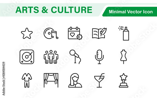 Arts and Culture Icon Set. High-quality icons for Museums, Music, Dance, Theater, Festivals, artistic Expression, Traditions, History, Crafts, and Creative Activities