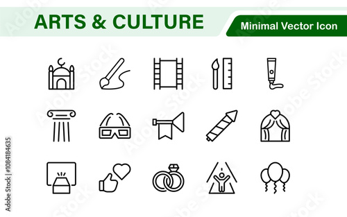 Arts and Culture Icon Set. High-quality icons for Museums, Music, Dance, Theater, Festivals, artistic Expression, Traditions, History, Crafts, and Creative Activities