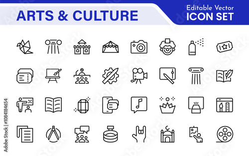 Arts and Culture Icon Set. High-quality icons for Museums, Music, Dance, Theater, Festivals, artistic Expression, Traditions, History, Crafts, and Creative Activities