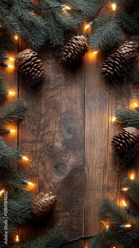 Festive arrangement of pine cones and warm lights on rustic wooden surface du...
