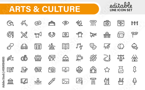 Arts and Culture Icon Set. High-quality icons for Museums, Music, Dance, Theater, Festivals, artistic Expression, Traditions, History, Crafts, and Creative Activities