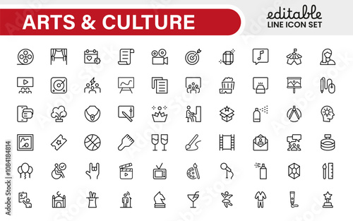 Arts and Culture Icon Set. High-quality icons for Museums, Music, Dance, Theater, Festivals, artistic Expression, Traditions, History, Crafts, and Creative Activities