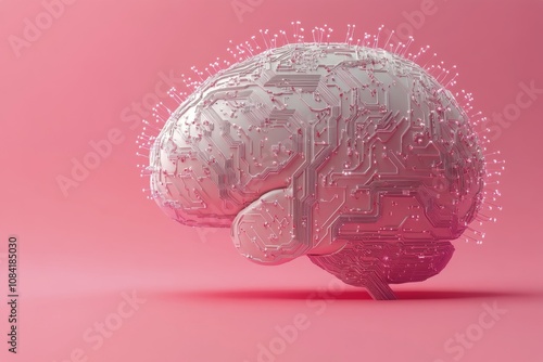 Conceptual representation of a brain with circuit patterns on a pink background