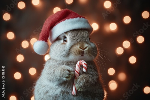 Adorable bunny with a little Santa hat on, holding a mini candy cane, warm Christmas lights in background, ample right-side copyspace, sweet holiday charm photo