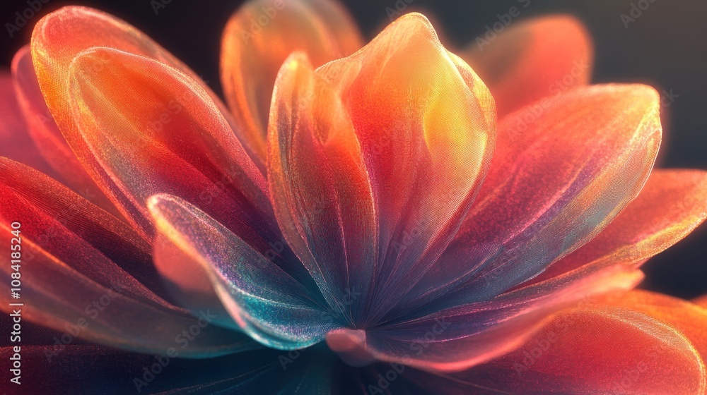 Fototapeta premium A vibrant, close-up depiction of a flower with luminous, colorful petals.