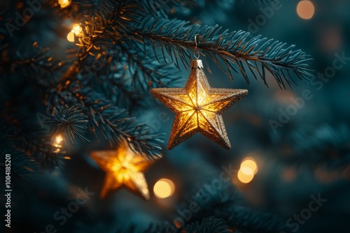 Beautiful golden star ornament hanging on a snow covered evergreen tree durin...