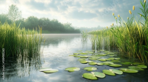 A peaceful marsh with tall grasses, lily pads floating on the water, and the distant sound of frogs croaking photo