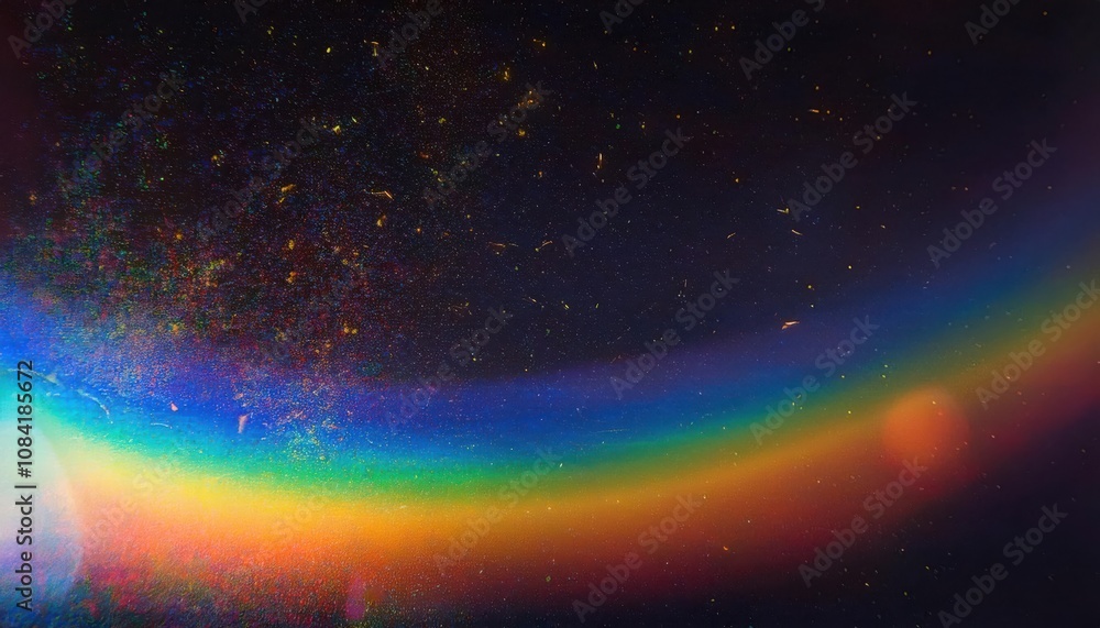 Obraz premium Radiant Multicolor Gradient with Cosmic Dust and Grain Overlay. Abstract Light Spectrum Texture for Futuristic Digital Art, Creative Design Concepts, and Vibrant Background Applications