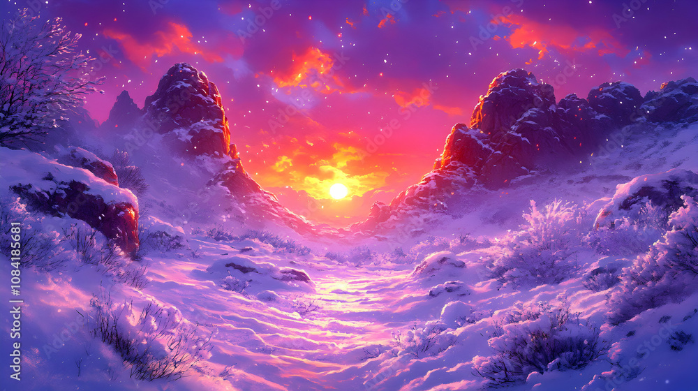 Fototapeta premium Digital Painting of a Snow-Covered Mountain Valley at Sunset, with a Vibrant Purple and Pink Hue, Showing Falling Snow and a Path Leading Towards the Sun.