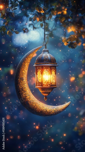 Beautiful illuminated lantern hanging from a decorative crescent moon in a st...