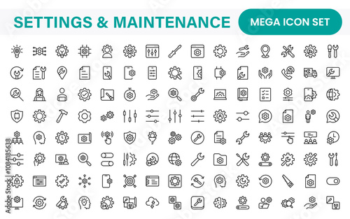 Settings and Maintenance Icon Set. Sleek and functional icons for user interfaces, perfect for enhancing apps and websites with intuitive navigation for settings, updates, and maintenance.