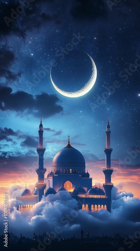 A beautiful mosque with a crescent moon at dusk in a serene sky filled with c...