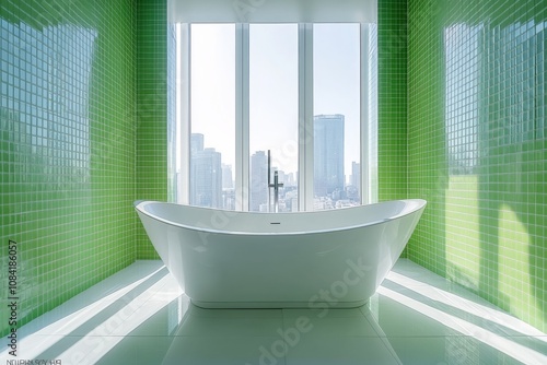 Modern bathroom interior featuring a freestanding bathtub near large windows ...