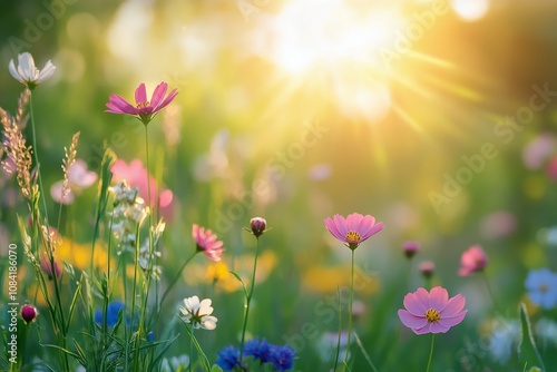 Sunlit field of wildflowers blooming in spring with a soft golden glow in the...