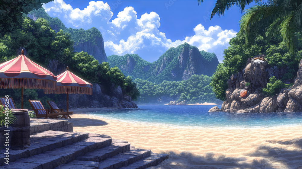 Fototapeta premium serene beach landscape with vibrant colors and lush mountains