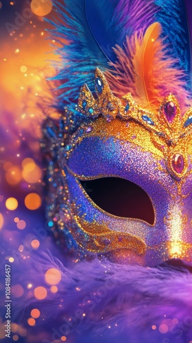 Colorful elaborately designed mask with feathers worn during a carnival celeb...