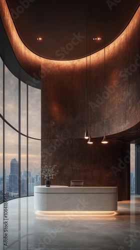 Elegant modern reception area with striking lighting and large windows in a h...