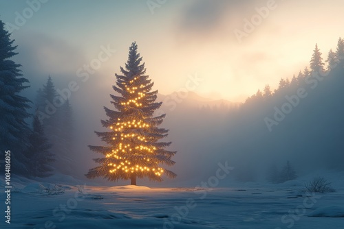 A serene winter landscape features a snow covered Christmas tree illuminated ...
