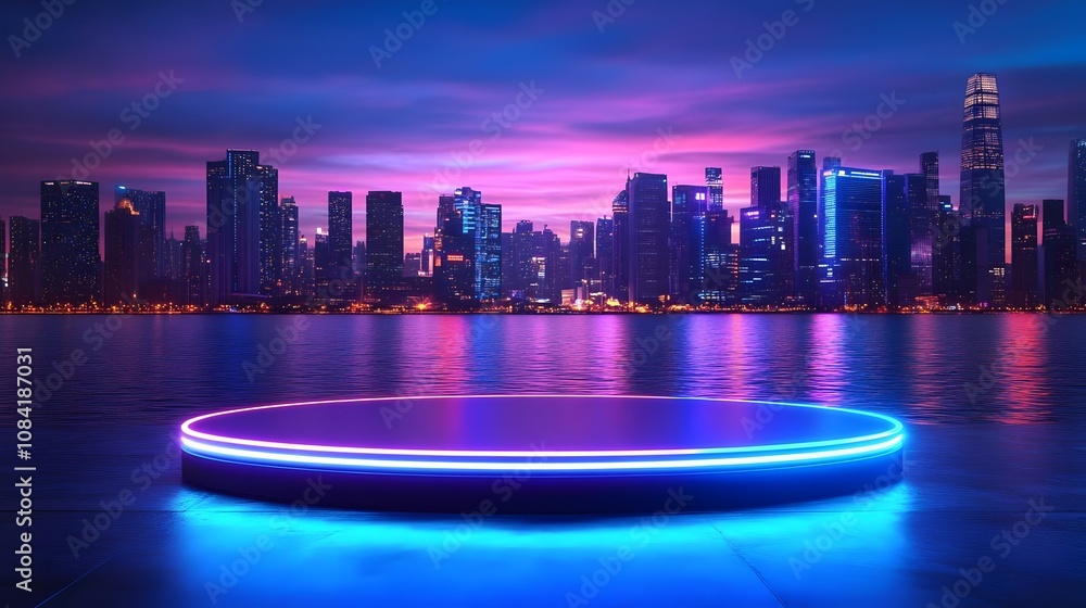 Fototapeta premium 3D rendering of a neon podium for product display against night cityscape background. Mock up podium for product presentation and business technology product background, wallpaper