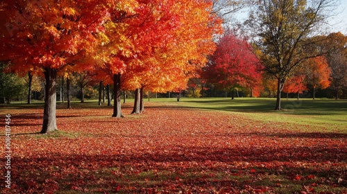 A picturesque autumn landscape with trees in fiery reds, oranges, and yellows, their leaves carpeting the ground photo