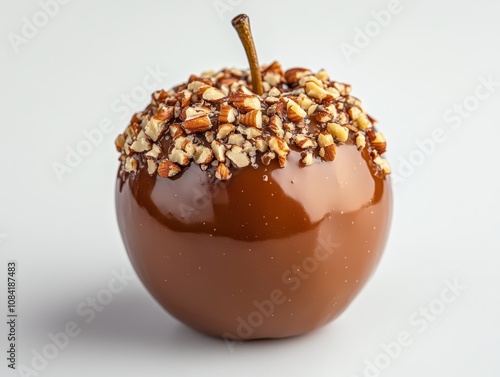 Delicious Caramel Apple with Nut Topping on White Background photo