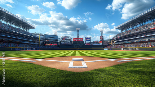 3D Render of a Full Baseball Stadium on a Sunny Day with Crowds, showcasing the field, stands, and scoreboards