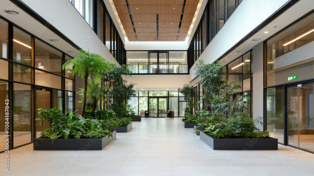 Fototapeta premium A modern indoor atrium featuring lush greenery and large glass windows, creating bright and inviting atmosphere. design emphasizes natural light and open space, enhancing serene environment
