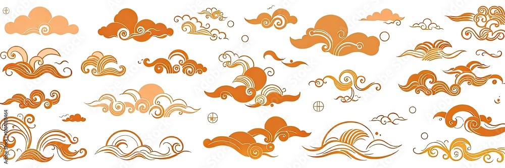 Fototapeta premium Chinese cloud design and decorative elements, all in red-gold against a isolated white background. traditional Chinese design elements that evoke a sense of cultural richness and auspicious symbolism.