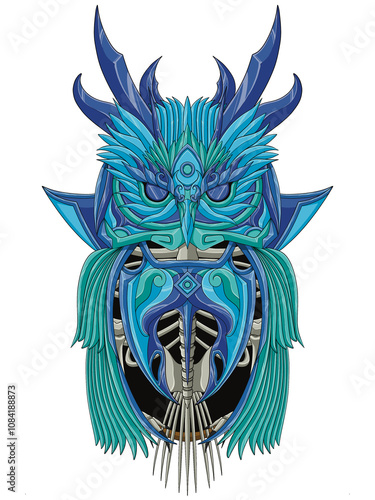 This image features a mask or mascot that is dominated by the color blue with various gradations. The overall shape resembles an owl's head with distinctive features.