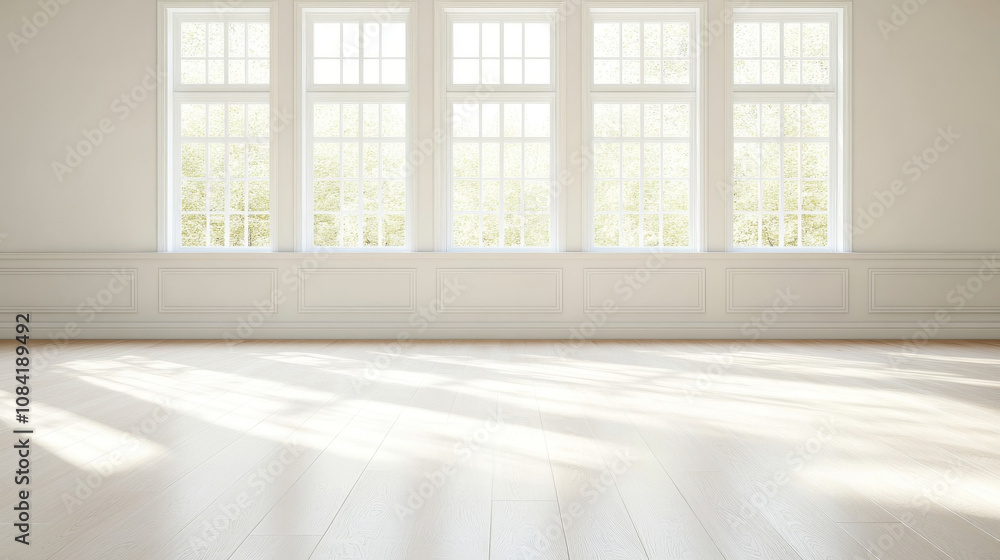 Fototapeta premium Bright and airy interior space featuring large windows that allow natural light to flood in, creating serene atmosphere. wooden floor complements elegant design