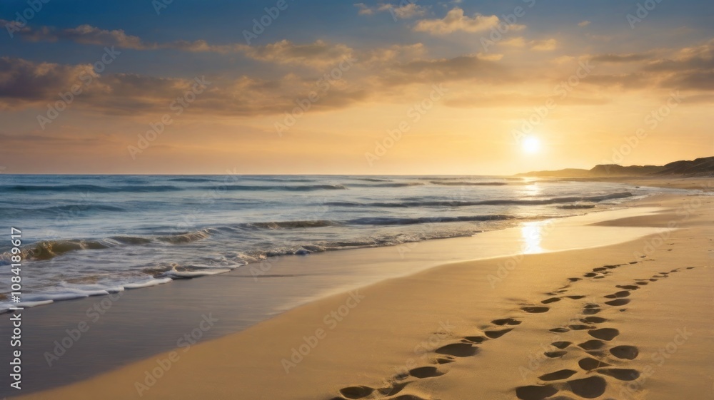 Fototapeta premium A scenic sunset over a sandy beach with footprints in the sand and waves lapping at the shore.