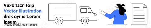 Woman in blue shirt pointing at a delivery truck. Document with text on the right. Ideal for logistics, transportation, delivery services, supply chain management, business presentations, educational