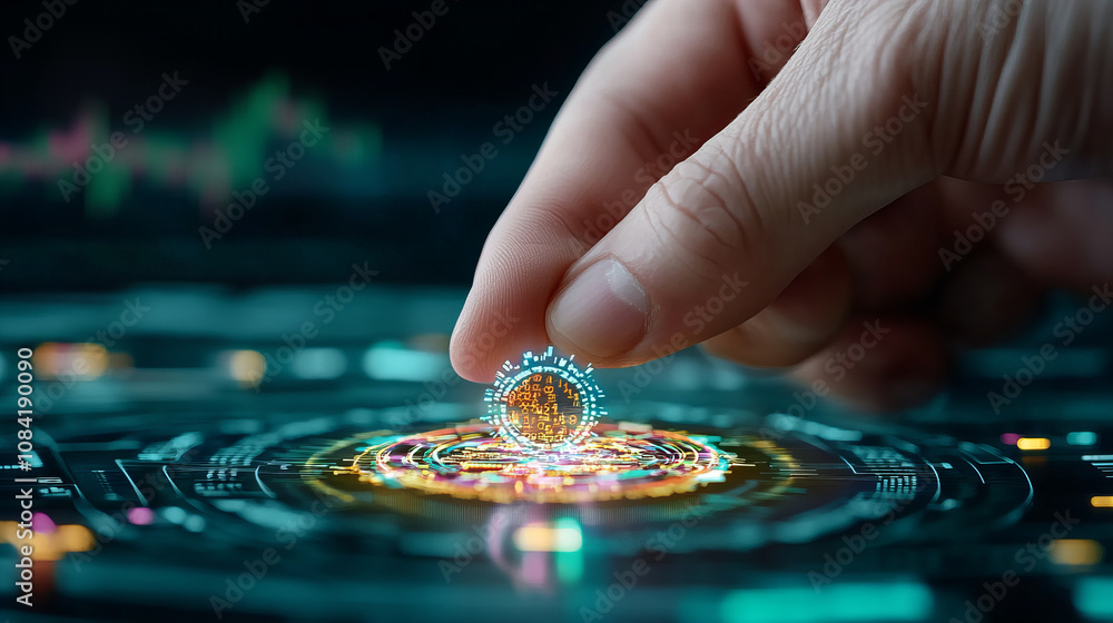 Naklejka premium hand manipulating digital currency symbol on futuristic interface
