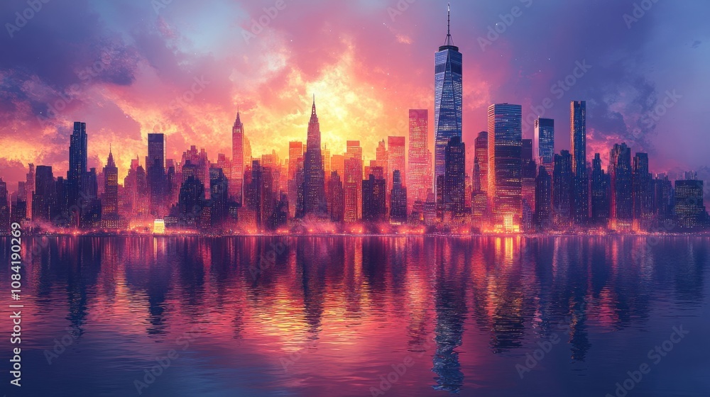 Obraz premium Stunning New York City Skyline at Night Featuring Illuminated Skyscrapers Perfect for Travel and Business Themes
