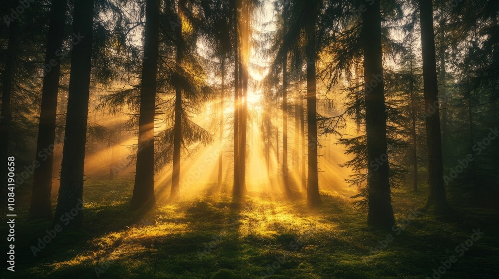 Obraz premium A serene forest clearing at sunrise, with soft rays of light filtering through tall pine trees and a blanket of mist covering the ground